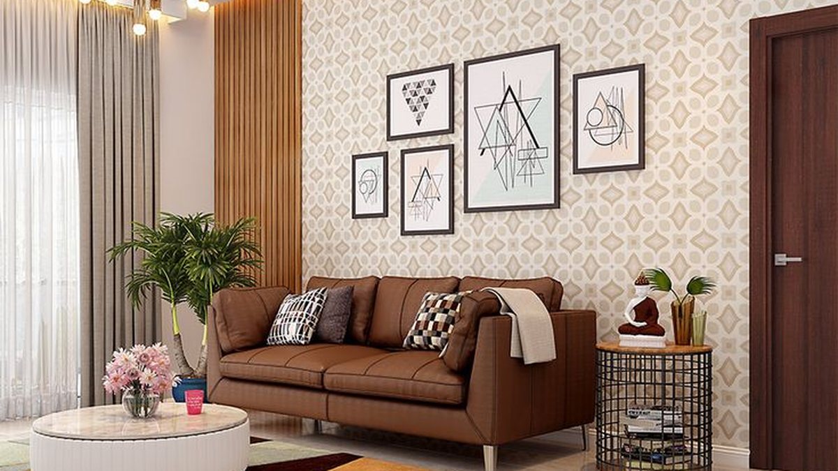 Living room with a brown sofa and layered rug colours