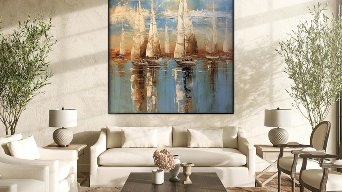 Framed wildflower meadow artwork showing how to hang pictures above a neutral wall.